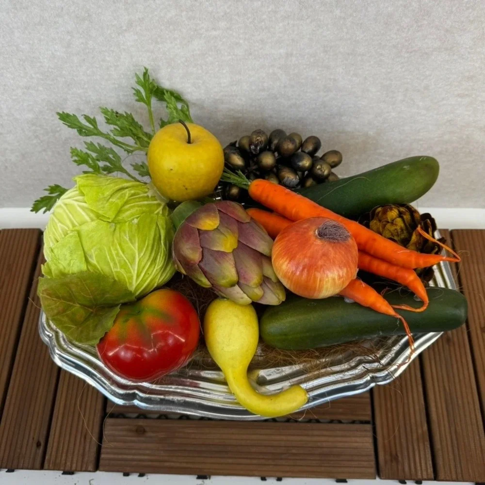 Vtg Artificial Vegetable Fruit Display Platter Realistic Decor Arrangement